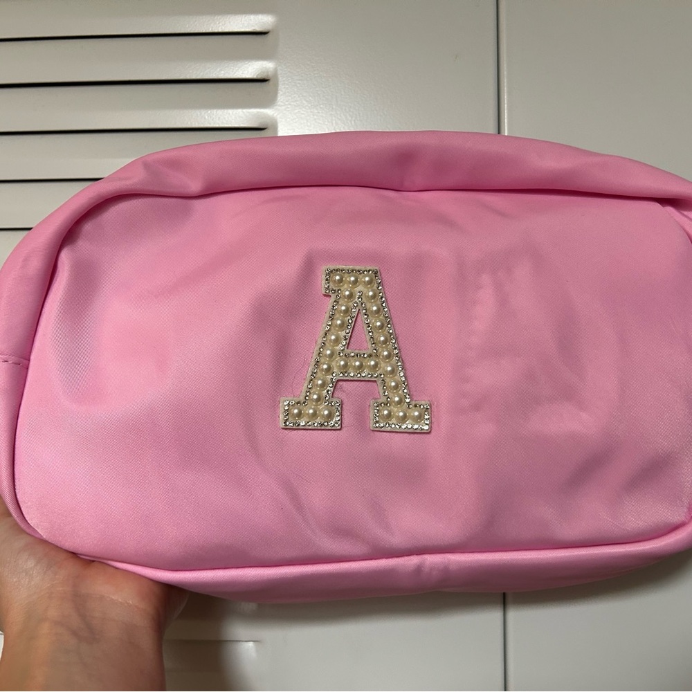 Pink Cosmetic Bag with Rhinestone Letter A
